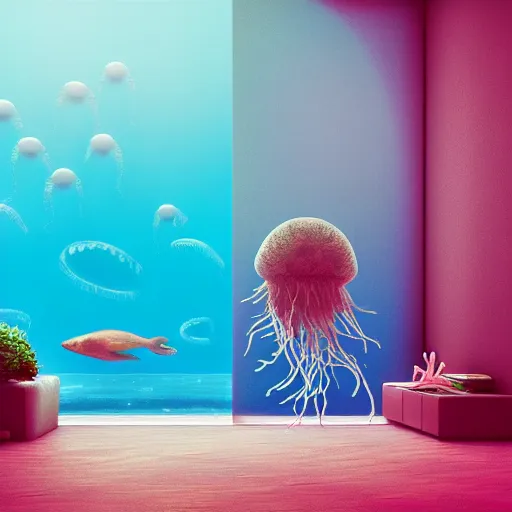 Image similar to the realistic photo of the modern room as aquarium with a big jellyfish and corals, realistic colors, realistic shadows, daylight made in blender, hd, 3 d by beeple and damian hirst