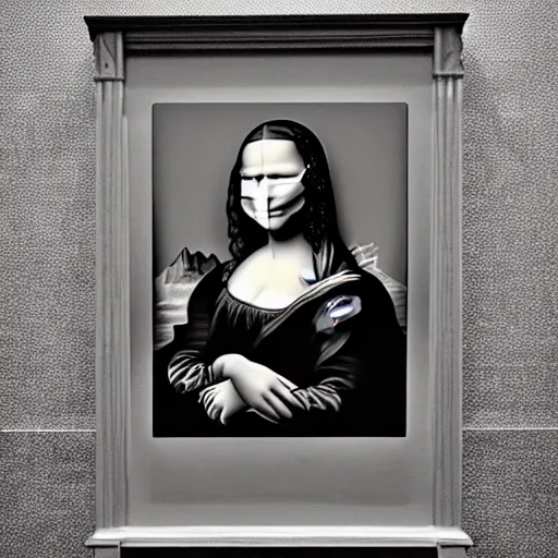 Prompt: mona lisa drawn on a blackboard in a room full of blindfolded people
