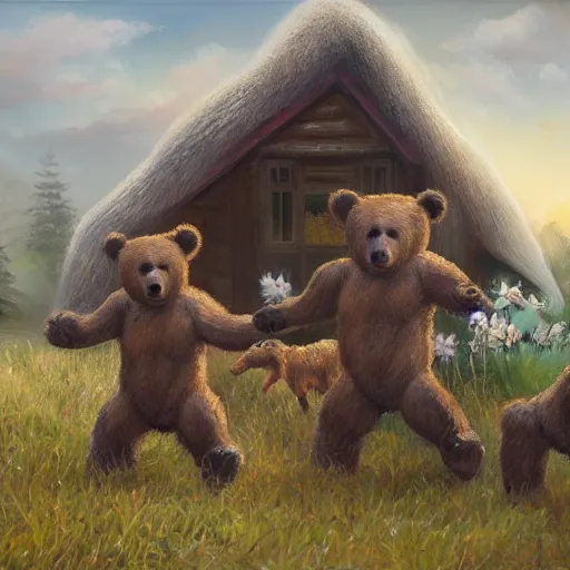 Image similar to cottage with three humanoid bear cubs in front, aesthetic, oil painting, pale colors, high detail, 8 k, wide angle, trending on artstation,