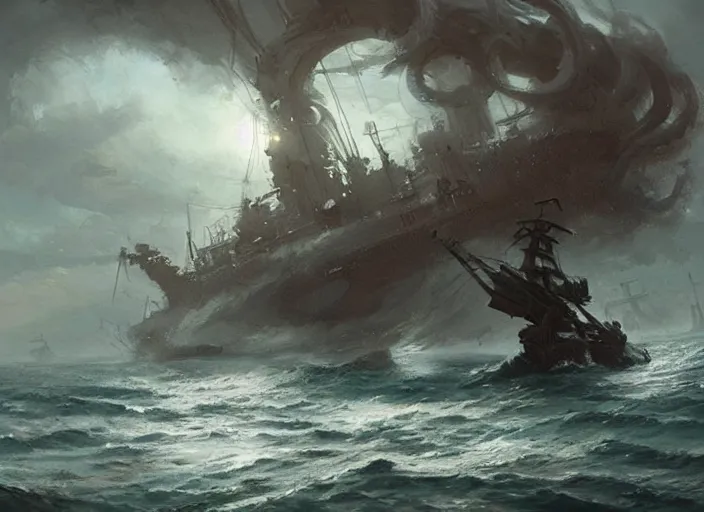 Image similar to Kraken attacking a ship, a fantasy digital painting by Greg Rutkowski and James Gurney, trending on Artstation, highly detailed