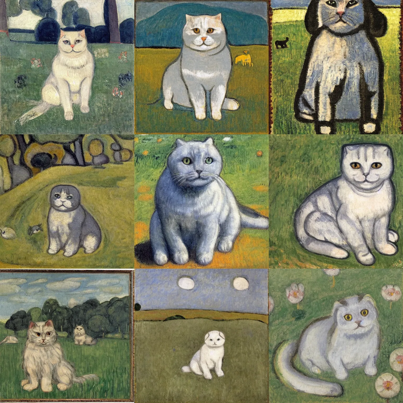 Prompt: a gray scottish fold sitting in the middle of sunny meadow, by paula modersohn - becker