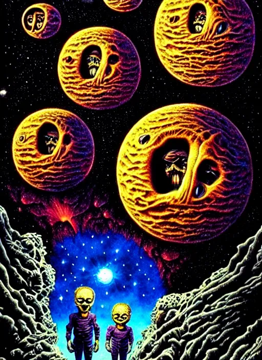 Prompt: detailed image of a creepy family in the deep space by richard corben, rich deep colors. masterpiece . intricate artwork, cinematic, hyper realism, high detail, unreal engine, 8k, Smooth gradients, High contrast, depth of field, Vibrant colors, very coherent symmetrical artwork. clean ink detailed line drawing, intricate detail, extremely detailed.