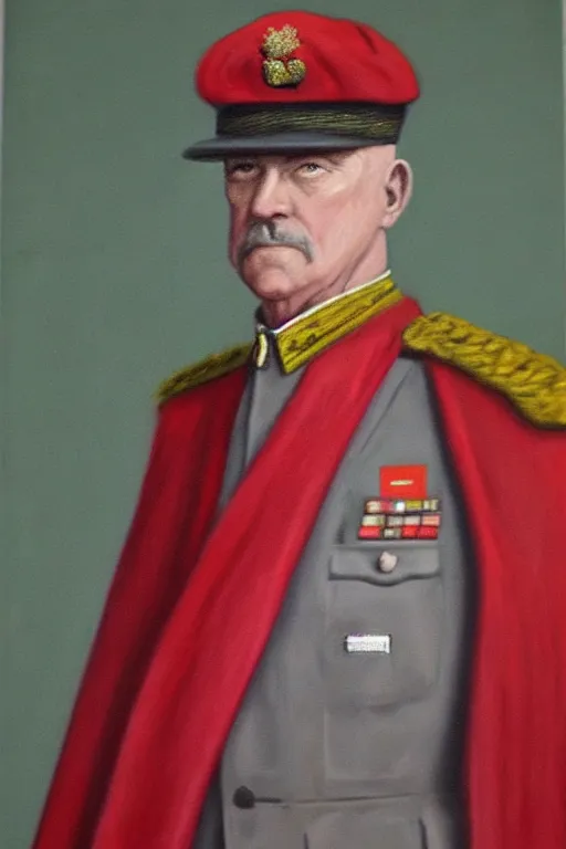 Image similar to ww 1 general wearing drab grey uniform, long red heroic cape with green trim on his back, oil on canvas