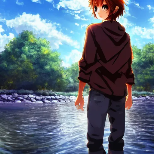 cute anime boy standing by a large river, digital art | Stable Diffusion |  OpenArt