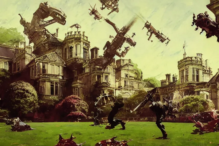 Prompt: pulp scifi illustration, expansive lawn of distant english stately home, by norman rockwell, jack kirby, john berkey, bergey, craig mullins, ruan jia, raymond swanland, jeremy mann, beksinski, tom lovell, tyler edlin, alex malveda, schomburg