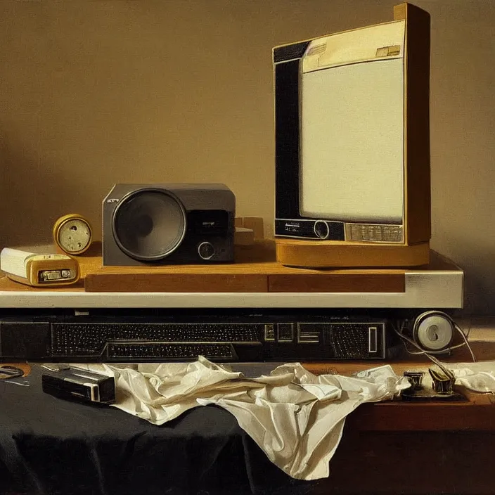 Prompt: still life painting of a retro monitor and a commodore 6 4 by pieter claesz, oil on canvas, strong lighting, highly detailed, hyper realism, golden hour, god rays, hd, 4 k