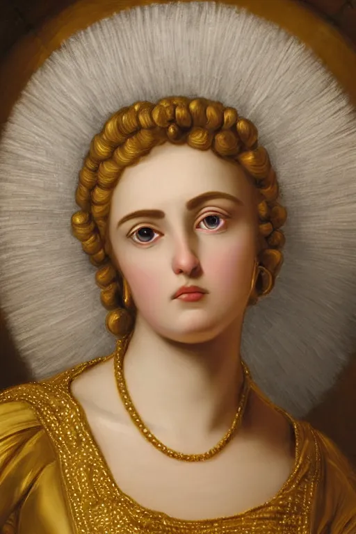 Image similar to Ruth, face closeup, ultra detailed, gold, dressed in roman clothes, ultra detailed, art by Guido Reni style