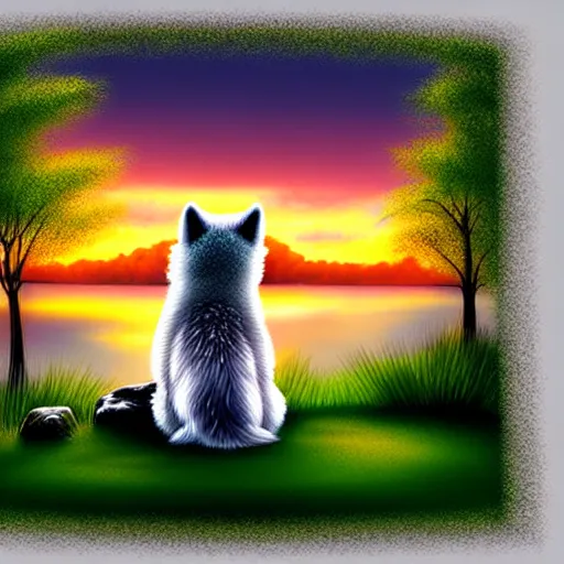 Prompt: view from behind of fluffy baby grey wolf sitting on the shore of a pond, looking out at a sunset, digital art, award winning stunning illustration