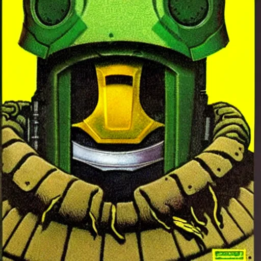 Image similar to portrait of a mutant chronicles bauhaus doomtrooper, wearing green battle armor, a yellow smiley sticker centered on helmet, by mark brooks