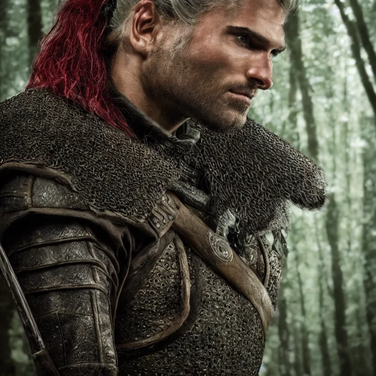 Image similar to 5 5 mm portrait photo of an armored handsome well - built male warrior, in a magical forest in the style the witcher, highly detailed 8 k. lifelike. soft light. nikon d 8 5 0. cinematic post - processing