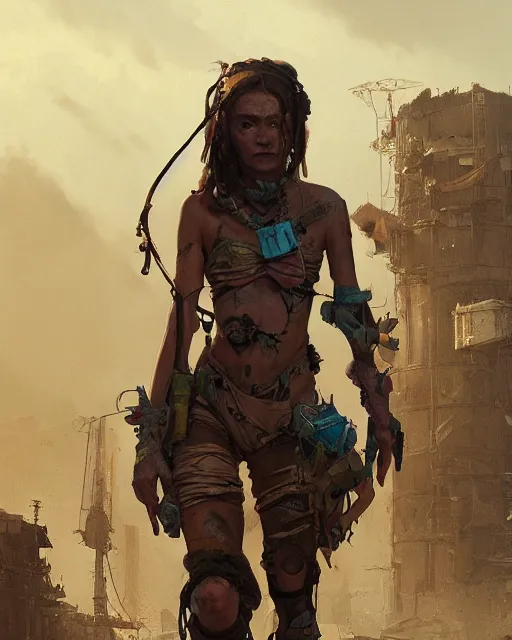 Image similar to hyper realistic photo of solarpunk postapocalyptic nomad tribal girl, full body, cinematic, artstation, cgsociety, greg rutkowski, james gurney, mignola, craig mullins, brom