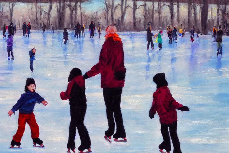 Image similar to “ice skating child and parent, surreal painting, wide angle”