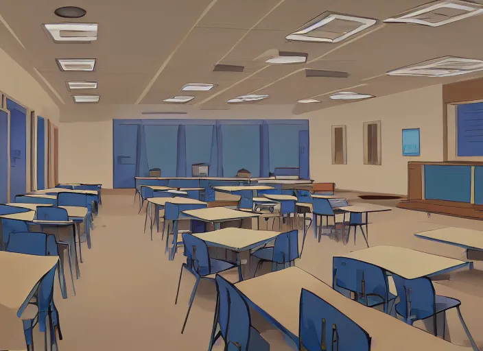 Anime classroom, empty, digital art, background, soft, Stable Diffusion