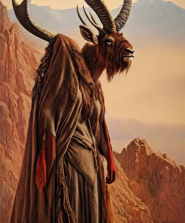 Image similar to a detailed horned antelopewoman stands among the mountains. wearing a ripped mantle, robe. perfect faces, extremely high details, realistic, fantasy art, solo, masterpiece, soft cimematic colors and lighting, art by daniel e. greene, zoey frank, vincent desiderio, hermann nitsch