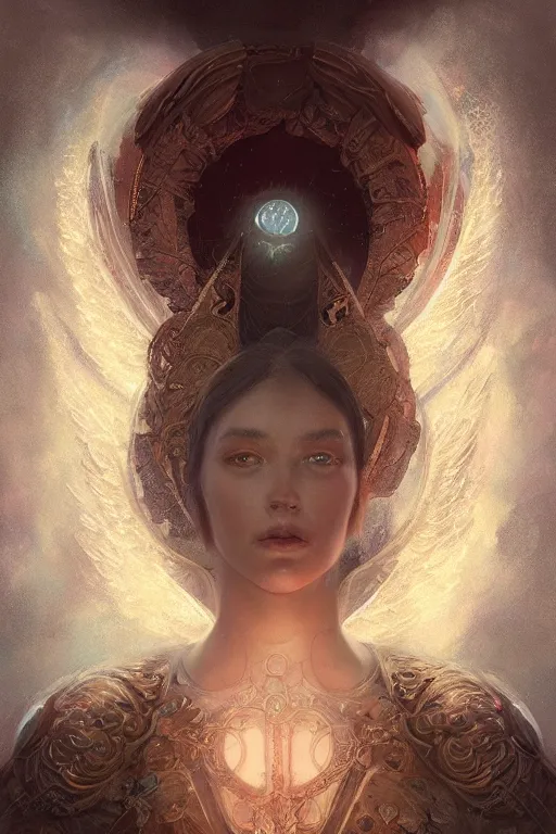 Prompt: A beautiful digital painting of a female Seraphim, intricate, cinematic lighting, cosmic background, highly detailed, digital painting, Artstation, concept art, smooth, sharp focus, illustration, art by Tom Bagshaw, Artgerm and Greg Rutkowski