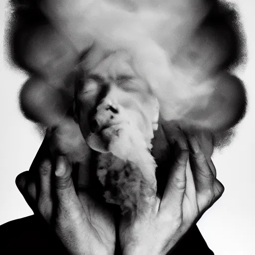 Prompt: artistic annie liebowitz photo of a man who's head is turning into a puff of smoke
