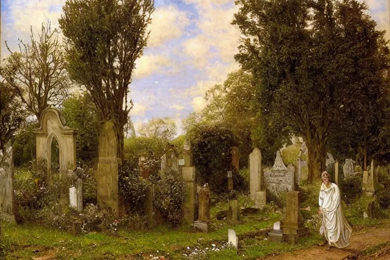 Image similar to a giant knight in armour and a slim woman wearing victorian dress walk through a cemetery on a path by a church in manchester england, overgrown, weeds and ivy on the graves, an old twisted tree, a tall stone wall, lawrence alma-tadema-H 1024