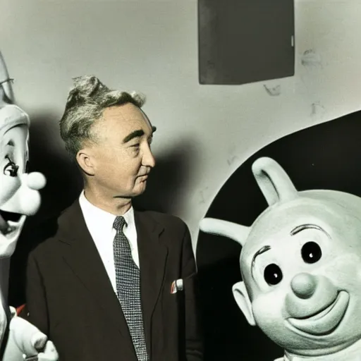 Image similar to color photo of robert oppenheimer debating with teletubbies