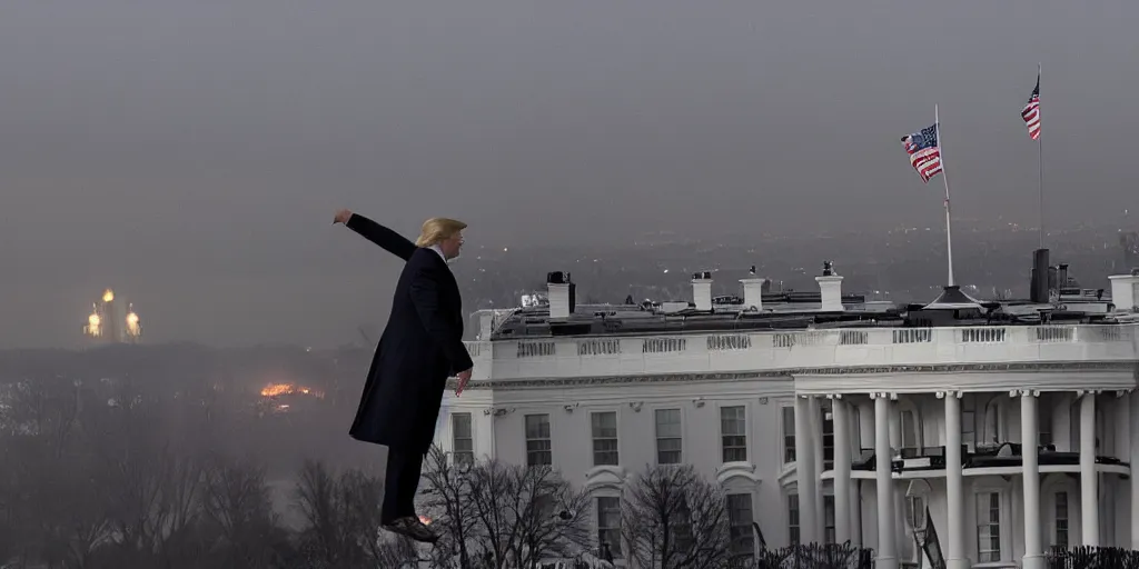 Image similar to a professional cinematic photo of donald trump fighting sauron on top of white house. extremely high fidelity. key light.