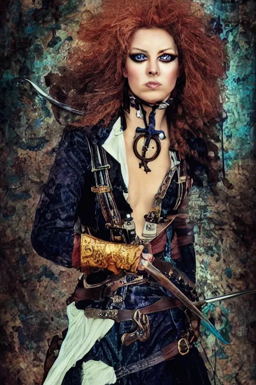 Prompt: a swashbuckling woman pirate portrait in national geographic, her clothing is sheer and futuristic, painted with iridescent bodypaint