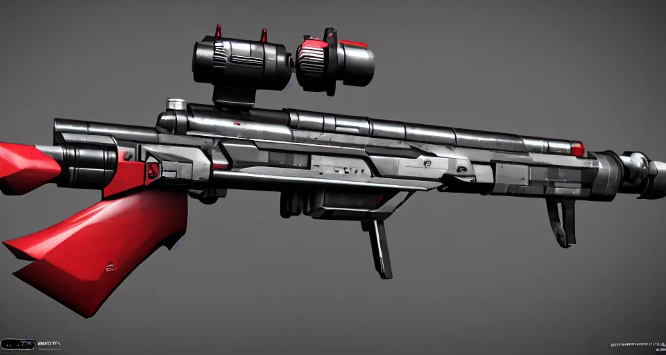 Prompt: extremely detailed ultra realistic side view photo vintage sci fi minimalist laser sniper rifle, detailed trigger, chemically propelled, electric, red paint, smooth streamline, elegant sleek smooth body, wires, railgun, chemrail, gauss, smooth utopian design, ultra high quality, octane, cod, destiny, warframe, terminator