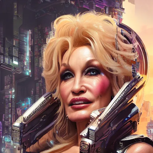 Prompt: closeup of cyborg Dolly Parton holding a books, cyberpunk 2077 setting, intricate, elegant, highly detailed, digital painting, artstation, concept art, matte, sharp focus, illustration, hearthstone, art by Artgerm and Greg Rutkowski and Alphonse Mucha