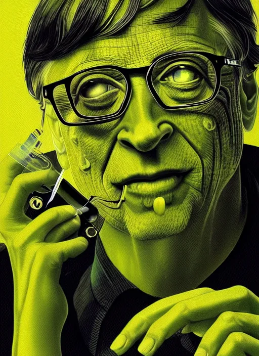 Image similar to bill gates as a reptile with green scales and yellow vertical pupills!!!, holding a syringe!!, portrait, intricate, elegant, highly detailed, digital painting, artstation, concept art, wallpaper, smooth, sharp focus, illustration, art by h. r. giger and artgerm and greg rutkowski and alphonse mucha