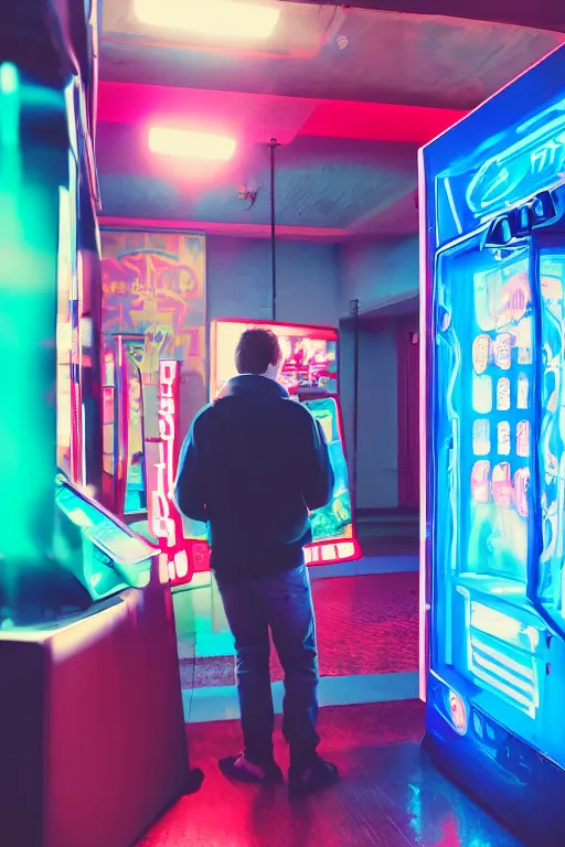 Image similar to agfa vista 4 0 0 photograph of a guy standing in front of an arcade machine, synth vibe, vaporwave colors, lens flare, moody lighting, moody vibe, telephoto, 9 0 s vibe, blurry background, grain, tranquil, calm, faded!,