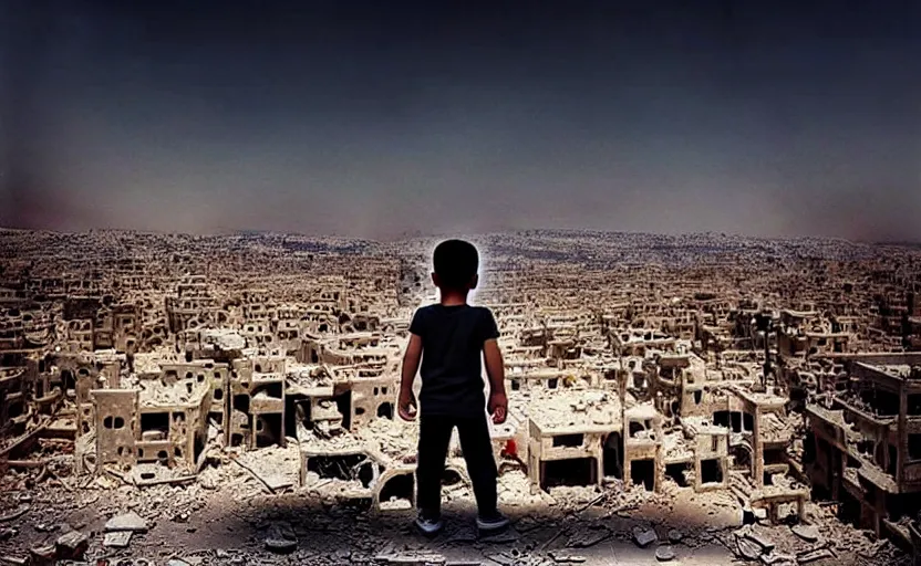 Image similar to “little boy figure lost, epic view of Hummus in Syria in destruction, sad atmosphere, ruins, heartbreaking landscape, hyperdetailed, hyperrealism, trending on artstation, award winning photograph, photorealistic, 8k, concept art, cinematographic, uhd, epic lighting”