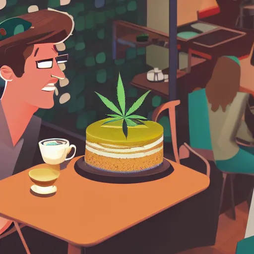 Prompt: barista at customers table : cafe serves cannabis cake for the first time in australia, isometric illustration fun, render in pixar, by darwyn cooke
