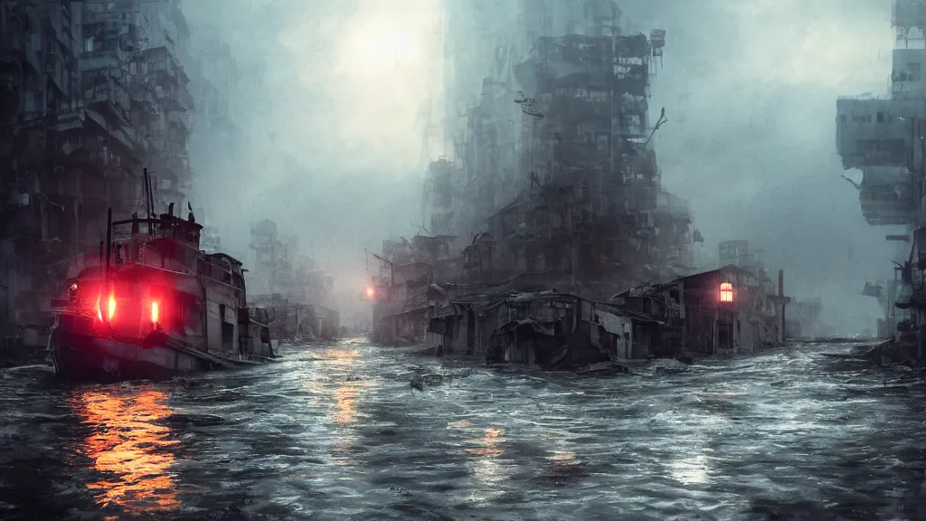 Prompt: dramatic Photorealistic, Matte Painting of a tug boat with bright head lights exploring post apocalyptic flooded ruined Hong Kong city street,Sunset,dark Tall empty buildings,Dark stormy waters by Greg Rutkowski,Craig Mullins,Hyperrealism,Beautiful dramatic moody lighting,Cinematic Atmosphere,Volumetric light rays,VRay Rendering,8K