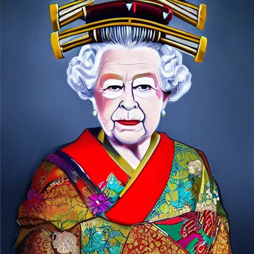 Image similar to a beautiful painting of old queen elizabeth ii dressed as japanese samurai with katana, realistic, portrait, full body, hd, 8 k, 4 k,