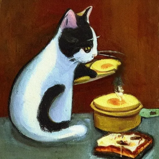 Prompt: a cute cat cooking a breakfast, impressionist painting, masterful