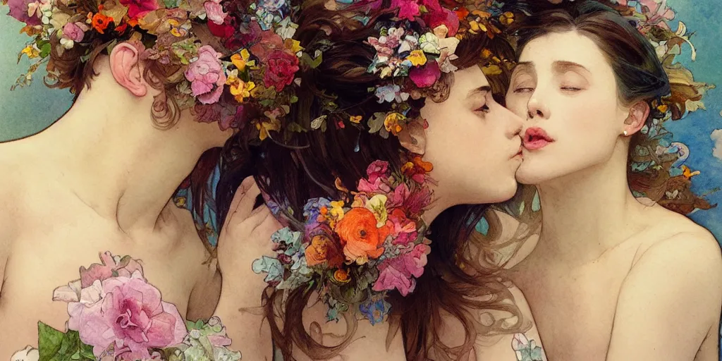 Prompt: a beautiful watercolor painting of a man kissing a woman, flowers, reflexions, verry high details, colorfull, by william turner art, by greg rutkowski, by alphonse mucha, by james jean, by rossdraws, by frank franzzeta, by sakimichan, trending on artstation, very very detailed, masterpiece,