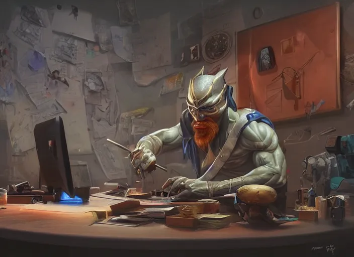 Image similar to an insanely detailed painting of an asian man wearing a homemade superhero costume, sitting at a desk, staring seriously at the computer and typing, in the style of peter mohrbacher, james jean, artgerm, dramatic lighting and composition, surreal background, octane render, pixar, trending on artstation, concept art, comic book, view from behind, 8 k