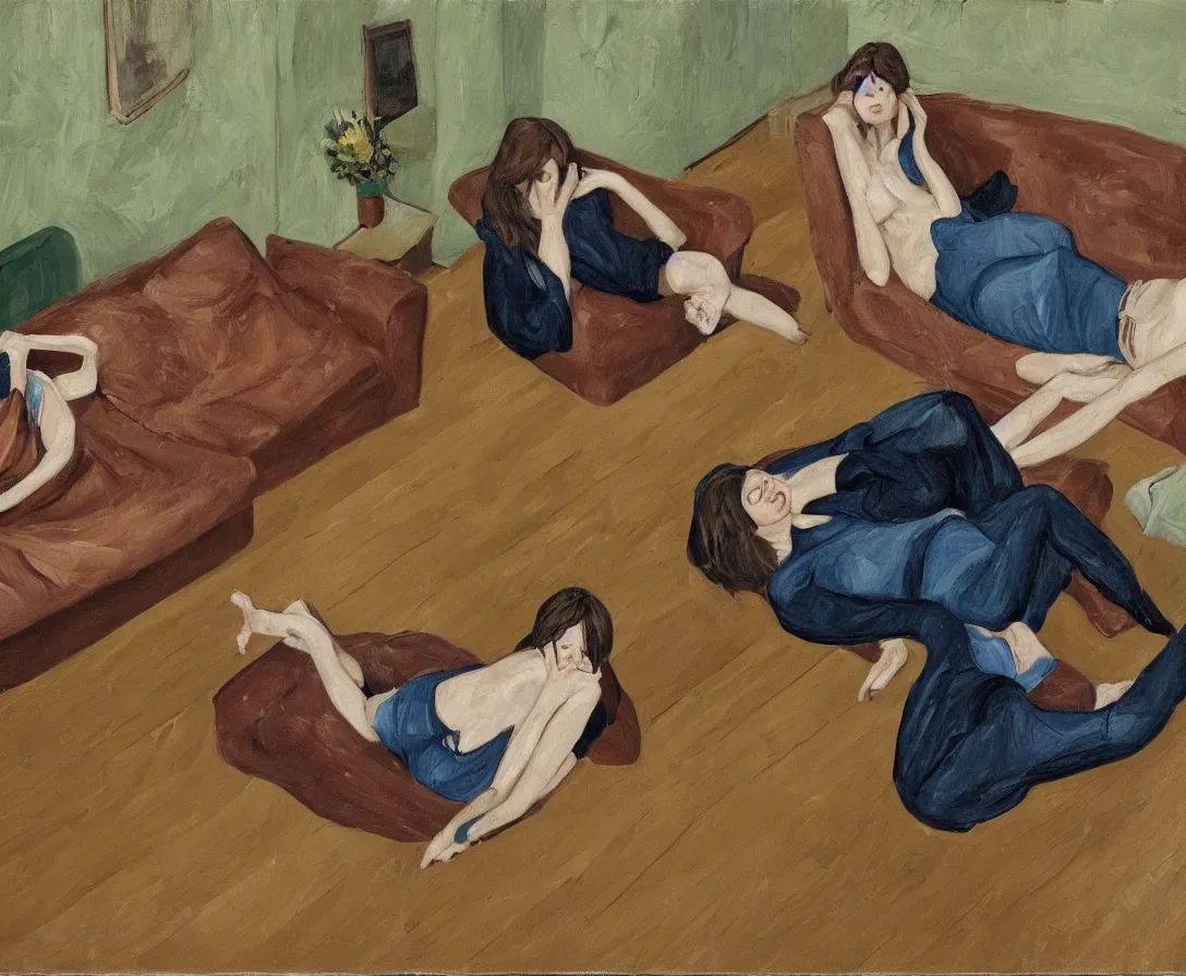 Image similar to portrait of two women lying horizontal, in an empty old english apartment with wooden floor on a brown leather sofa. one is wearing a dark blue sweather, the other a white shirt. brown hair, they are looking into the camera. wide shot. in the style of lucien freud. oil painting. green mood. isometric perspective