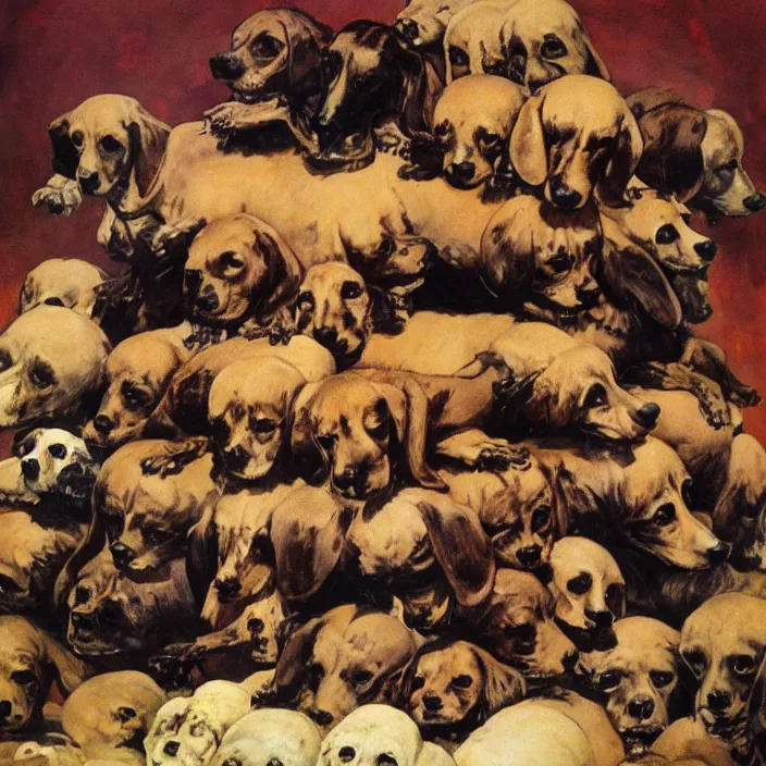 Prompt: dachshund on top of a pile of skulls, painted by frank frazetta