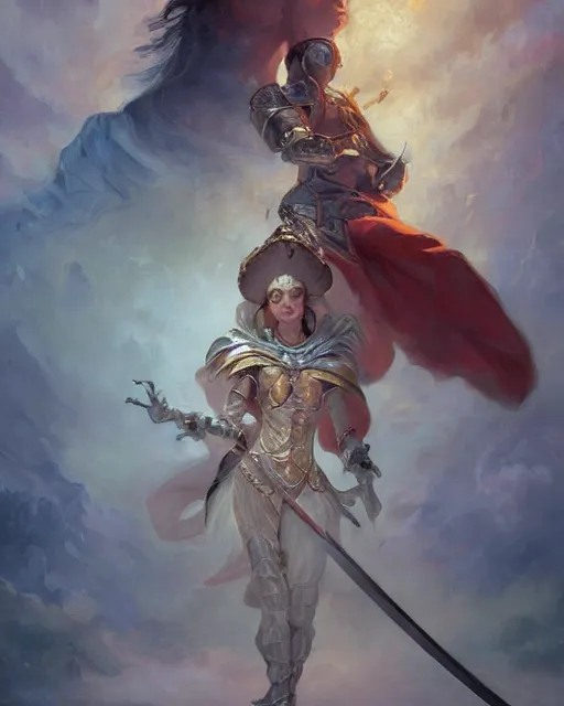 Image similar to neo-baroque portrait of a noble knight casting spells with his swords, 4K trending on artstation by peter mohrbacher and hilda af klimt