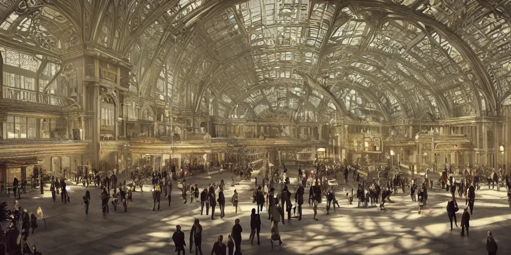 Image similar to cinematic movie scene, 200mm wide shot, precise architectural rendering, interior of victorian era railway station with ornate architecture, bustling with people and, victorian architecture, emerald, crystalline, detailed illustration, sharp focus, concept art, unreal engine, octane render, god rays, aesthetic