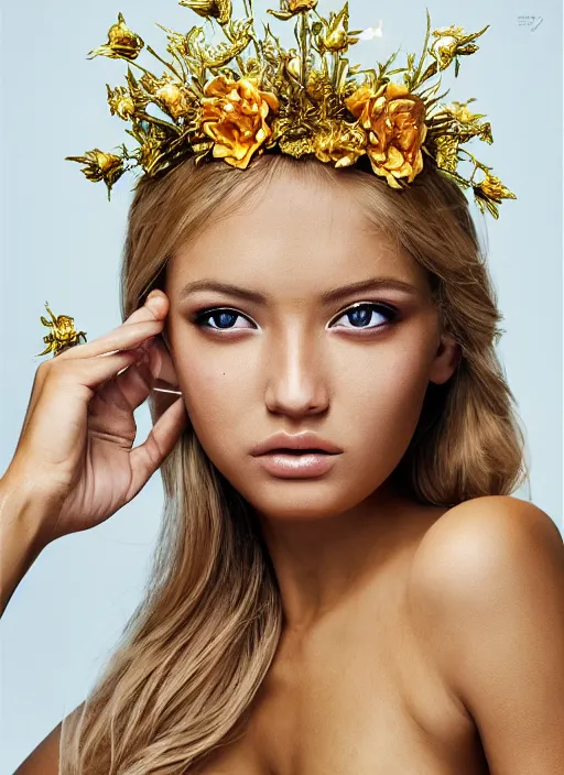 Prompt: a tanned girl with golden hair wears floral crown, stoic attitude, zenithal lighting, ultra detailed, highly detailed, sharp focus, golden background with flowers, photorealism,pose by Hajime Sorayama, art by Hirothropologie , artgerm and Patrick DeMarchelier