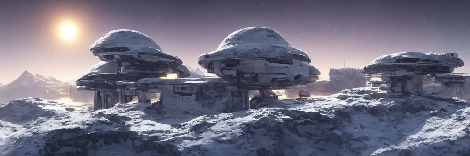 Prompt: “Concept art of a small modern research outpost consisting of a single building on the side of a snowy mountain at sunset on an alien world, 2077 , 8k, star citizen, art station”