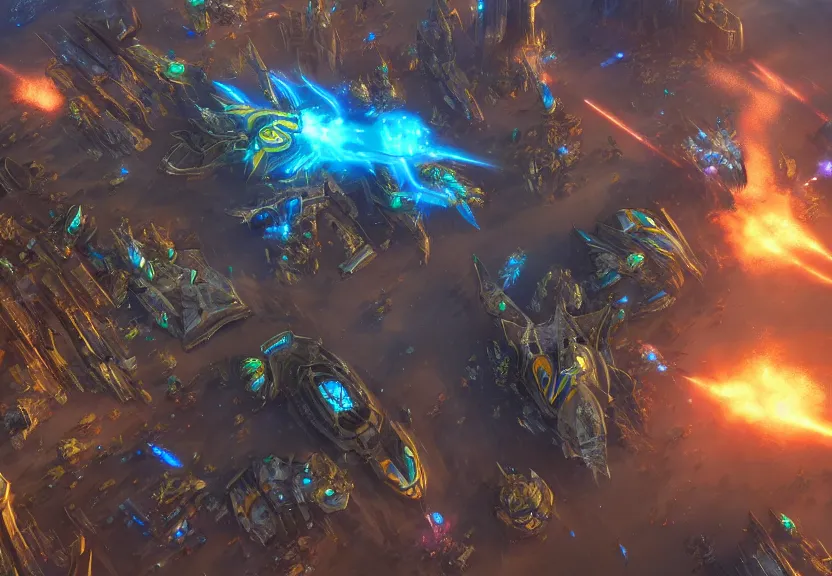 Image similar to protoss spaceship attacking zerg city from above beautiful art uhd 4 k, artstation, hdr, 4 k, incredible detail, cinematic lighting, unreal engine 5