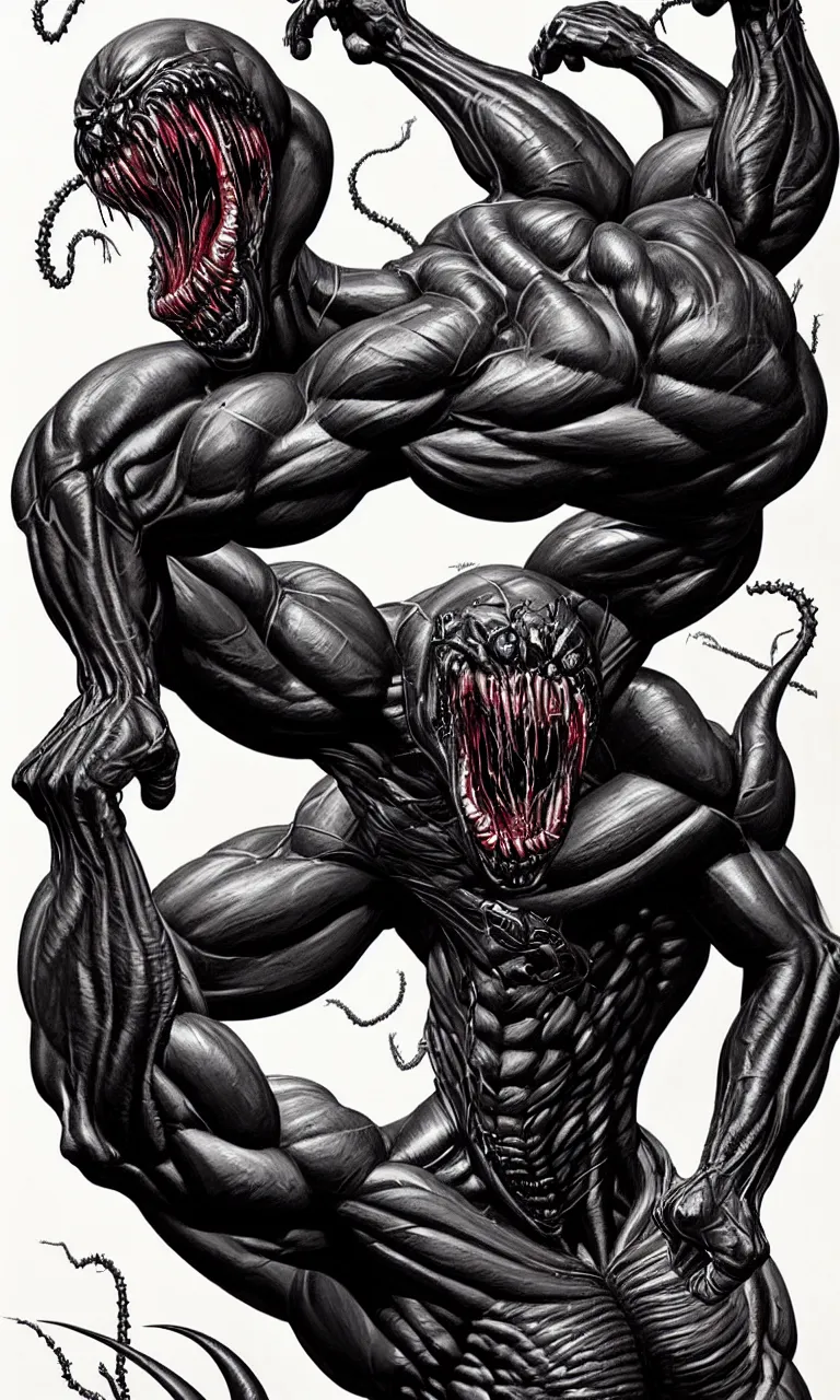 Image similar to hyper realist full body long shot portrait of bodybuilder venom from marvel comics!!!!, leg study!!!, large mouth with teeth, large tongue, lovecraftian horror!!, fantasy, intricate, elegant, highly detailed, digital painting, artstation, concept art, matte, sharp focus, illustration, art by glenn fabry and giger