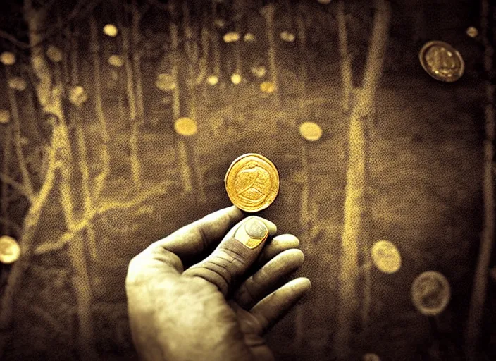 Image similar to old retro burnt out sepia photograph with scratches of an old and wrinkled hand holding a few golden coins with royal engravings. magical forest in the background with bokeh. Antique. High quality 8k. Intricate. Sony a7r iv 35mm. Award winning. Zdzislaw beksinski style