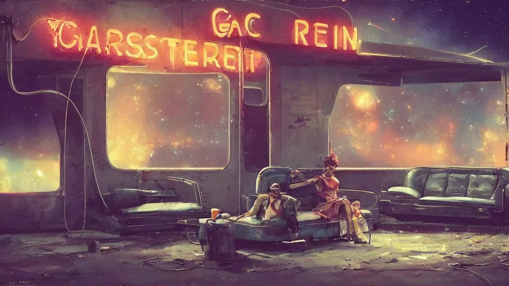 Prompt: A 1960s robot! on couch in front of a rusted! gas station. The stars! of the Milky Way shine above a broken neon sign realistic, raytracing, 8K glow, fantasy concept art by Greg Rutkowski