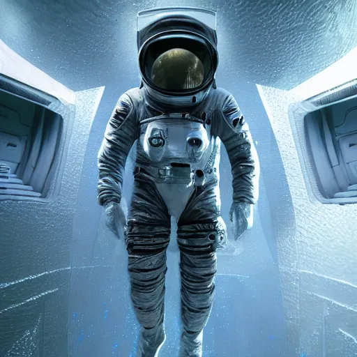 Image similar to concept art by craig mullins astronaut in futuristic dark and empty spaceship underwater. infrared complex and hyperdetailed technical suit. mandelbulb fractal. reflection and dispersion materials. rays and dispersion of light. volumetric light. 5 0 mm, f / 3 2. noise film photo. flash photography. unreal engine 4, octane render. interstellar movie art