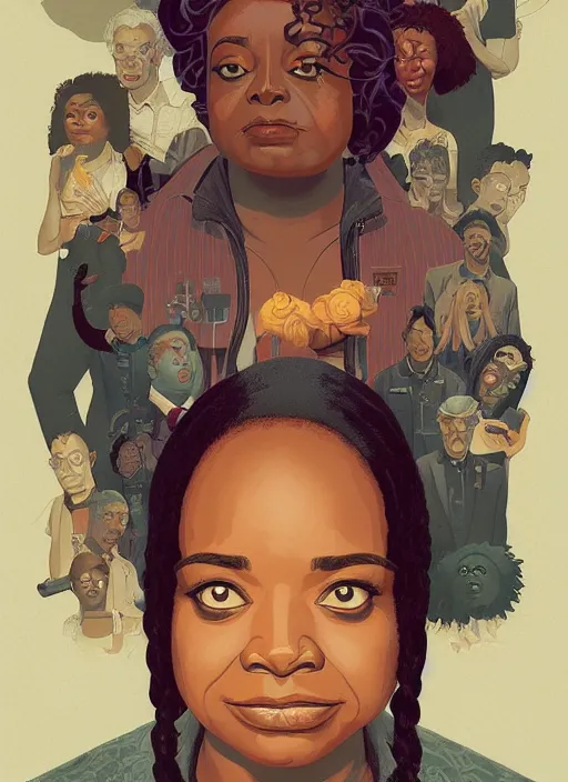 Image similar to poster artwork by Michael Whelan and Tomer Hanuka, Karol Bak of Octavia Spencer has a voice in her head, reality is a labyrinth, psychological thriller from scene from Twin Peaks, clean, simple illustration, nostalgic, domestic, full of details