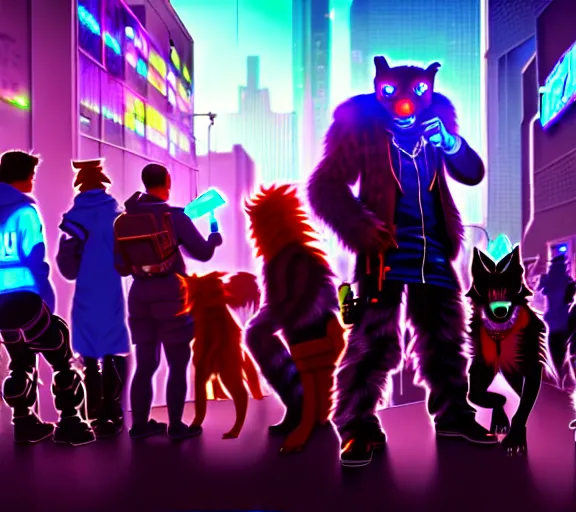 Image similar to high - resolution photograph from a cyberpunk era furry fandom convention ( midwest furfest 2 0 4 7 ), taking place after the genetic revolution and quantum singularity. photorealistic.