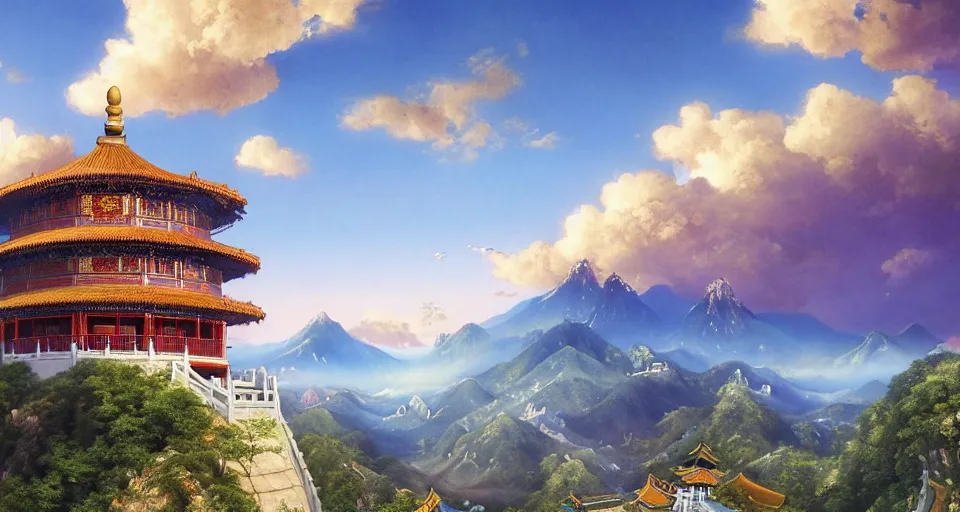 Prompt: beautiful chinese architecture with mountains, bamboo, blue skies, and voluminous clouds by lawrence alma - tadema ; beautiful, amazing, colorful, dramatic lighting, cel - shaded, amazing depth, vivid colors, masterpiece ; behance hd, octane render, unreal engine 5, hyperdetailed, photography, photorealistic, 8 k