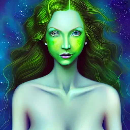 Prompt: an elegant Redhead Pleiadian alien human beautiful hybrid feminine woman, green skin, feminine face, long gorgeous red hair in loose curls, with stunning green eyes, cute face and a roundish nose, as a retrofuturistic heroine, face and body, gorgeous psychedelic digital painting, artstation, concept art, smooth, sharp focus, illustration, art by artgerm and donato giancola and Joseph Christian Leyendecker, Ross Tran, WLOP